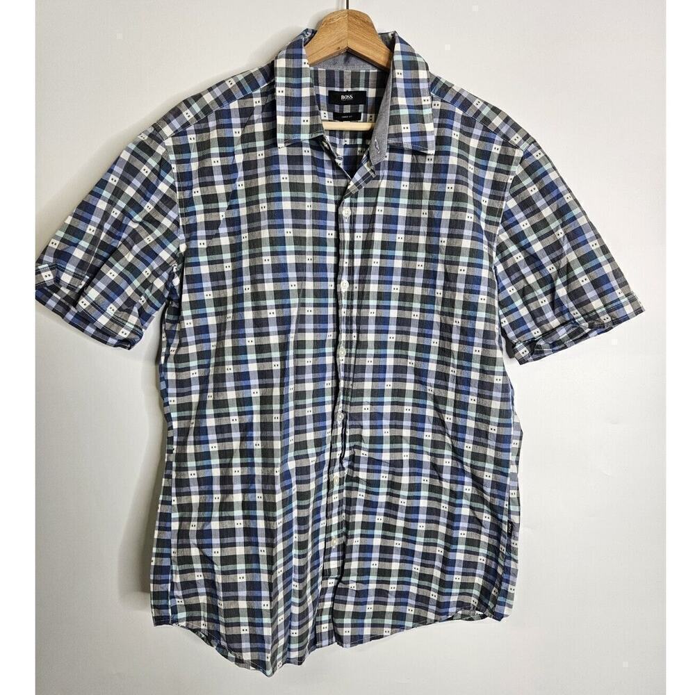 Hugo Boss Shirt Plaid Short Sleeve Button Cotton Regular Fit Men's Large Blue